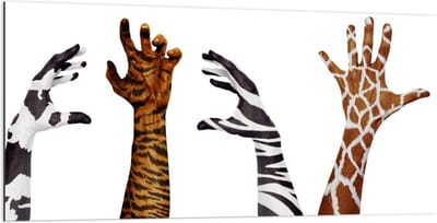 Dibond - Handen van Dierenprint - 200x100cm Foto op Aluminium (Met Ophangsysteem)