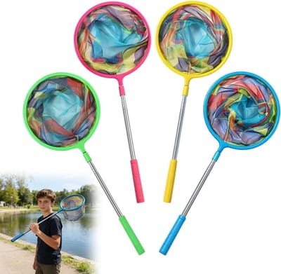 Set van 4 kleurrijke vissersnetten voor kinderen, telescopisch 31 tot 99 cm, ideaal voor het vangen van insecten, vlinders en vissen buitenshuis