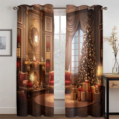 Deluxe Scène Decoratie Kerst Exclusieve Gordijnen Kerstboom Elementen Woonkamer Slaapkamer Keuken Balkon Raam Decoratie 2 Stuks 50W130H(CM)X2PCS&Hook