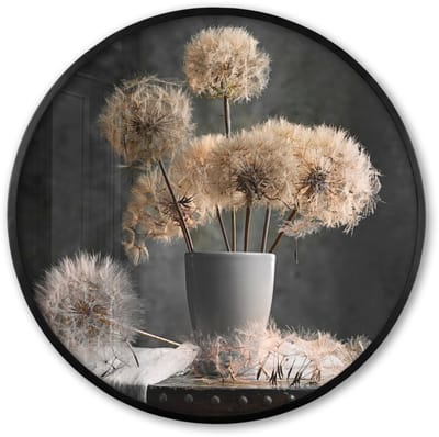Poster in lijst Rond - Fotolijst 60x60 cm - Posters - Bloemzaden - Paardenbloem- Vaas - Stilleven - Boeket - Ronde posterlijst zwart - Decoratie - Wanddecoratie woonkamer - Muurdecoratie slaapkamer