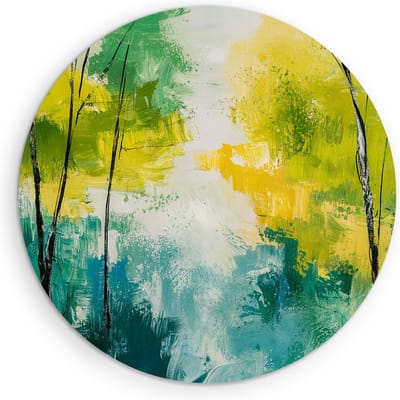 Saammp Muurcirkel Hout - Bomen - Geel -Blauw - Groen - Bloemen - Landschap - Natuur - Ø 90 - Wandcirkel - Wanddecoratie Cirkel - Muurdecoratie Woonkamer - Slaapkamer decoratie - Rond Schilderij