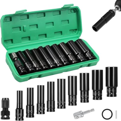 11-delige diepte impact set voor 1/2 inch metrische afdrijfwerkzeugen - Lange socket set voor auto-reparaties