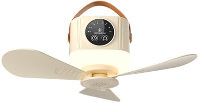 Campingventilator met LED-lamp - 4 snelheden, LED-lamp, afstandsbediening, timer, oplaadbare tentventilator voor kamperen caravan en vissen - Crèmewit
