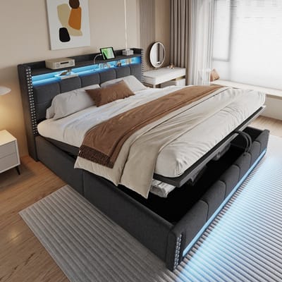 Komhtom Gestoffeerd bed 180*200 cm met ledverlichting en USB-aansluiting, hoofdeinde met planken en opbergruimte, met hydraulisch systeem voor opbergen, tweepersoonsbed voor volwassenen, grijze linnen stof