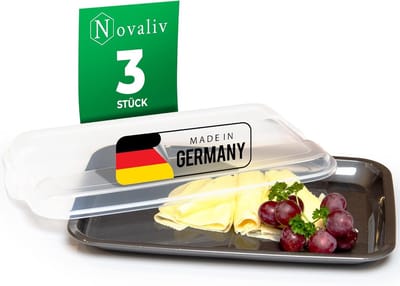 Novaliv set van 3 antraciet premium vleeswarendoos met transparant deksel, vershouddozen voor worst & kaas, afmetingen 25x17x3 cm, koelkastorganizer, knäckebröddoos, onmisbare keukengadgets voor in elk appartement