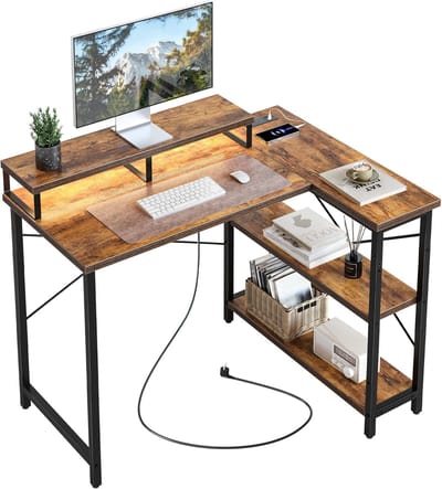 L-vormig Bureau met LED Verlichting en Stopcontacten - Gaming Tafel met Verplaatsbare Monitorstandaard voor Thuiswerk en Studeren