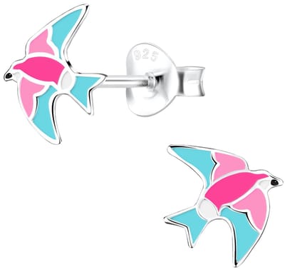 Joy|S - Zilveren vogel oorbellen - 9 x 10 mm - roze blauw