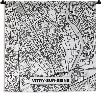 Wandkleed - Wanddoek - Kaart - Plattegrond - Vitry-sur-Seine - Frankrijk - Stadskaart - Zwart wit - 180x180 cm - Wandtapijt