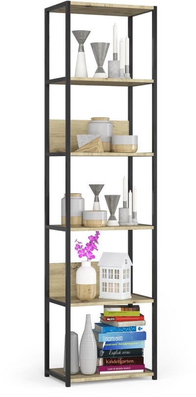 Open Boekenkast, Ladderkast, Industriële Stijl / Metalen Vakkenkast met 6 Planken / Opbergplank / Boekenrek Opslagrek / Zwart - Artisan Eik / 50 x 192 x 32 cm