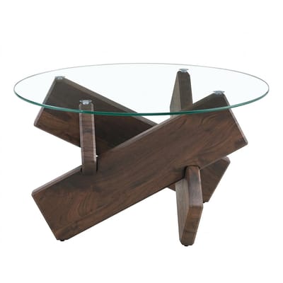 Ronde Salontafel MDF en Glas – 79 cm – Gehard Glazen Blad met Walnootkleurige Houtlook Poten – Modern Design