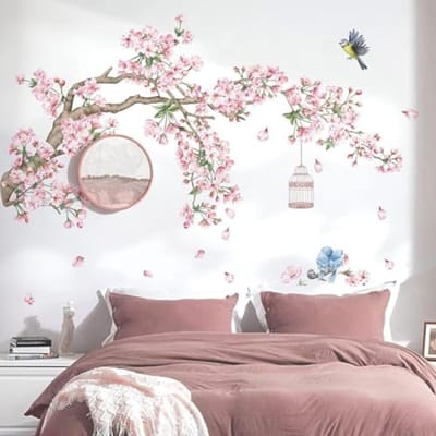 Kersenbloesem Boom Muursticker Set - Roze Bloemen Vogelwereld Muurdecoratie voor Slaapkamer en Woonkamer - Zelfklevende Wanddecoratie met Takken Design