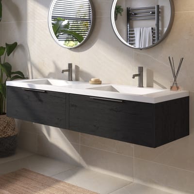 Saqu Lima badmeubel incl. dubbele glans witte wastafel 160x52x34cm eiken zwart – geborsteld zwarte greep