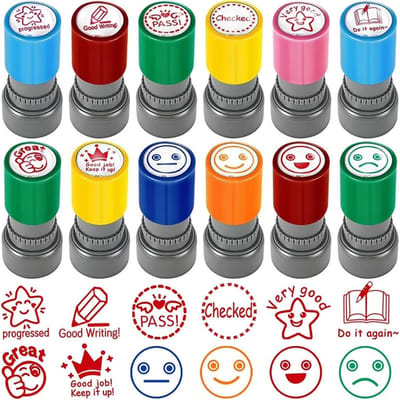 Daity 12 stuks — Stempels voor leerkrachten — Zelfinktende stempels voor leerlingen met kleurrijke dierenmotieven — Ideaal cadeau voor leerkrachten in het basisonderwijs —Kleurrijk lesmateriaal ontworpen om leerlingen te motiveren en aan te moedigen.