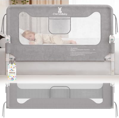 Soontrans - Inklapbaar Bedhekje - Extra Lang 180cm Universeel Bedrail - Bedrek Uitvalbescherming met Fixatieband - Kinderbedhek - Opbergvakken Aan de Zijkant - Stand Safe Blokkade - Grijs - 1 Zijde