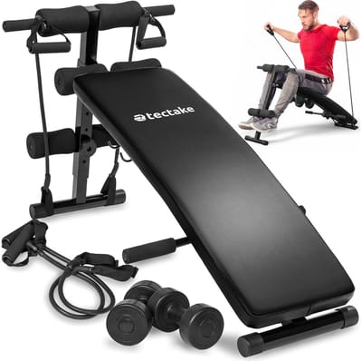 tectake® Buiktrainer - Buikspiertrainers - 129 x 70 x 55 cm - Multifunctionele Sit Up Bench - Trainingsbank - 5-voudig in hoogte verstelbaar - Gevoerd - Opvouwbaar - Inclusief Halters