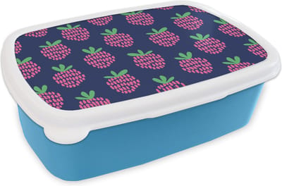 Broodtrommel Blauw - Lunchbox Patroon - Framboos - Retro - Brooddoos 18x12x6 cm - Brood lunch box - Broodtrommels voor kinderen en volwassenen