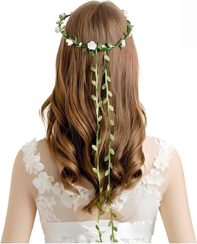 Boho Bloemenkroon Haarband voor Vrouwen, Bruiloft Haaraccessoires met Rozen en Bladeren, Perfect voor Feestjes en Speciale Gelegenheden, Roze en Witte Bloemen