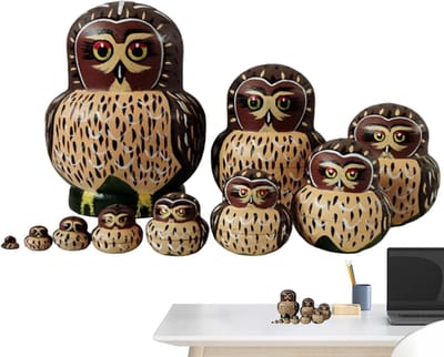 Nestpoppen Houten Set - Stapel Speelgoed - Kinderkamer Decoratie - Met Dierenprint - 15 cm Hoog - Uil