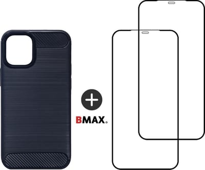 BMAX Telefoonhoesje geschikt voor iPhone 12 Pro Max - Carbon softcase hoesje blauw - Met 2 screenprotectors full cover