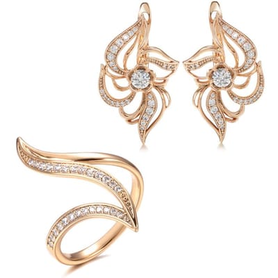 Fijne Hyperbool Curve Ring Oorbellen Sets Voor Vrouwen Mode Roségouden Sieradensets Unieke Natuurlijke Zirkonia Oorbellen Ring 6 beige