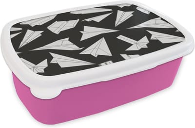Broodtrommel Roze - Lunchbox - Brooddoos - Design - Papier - Vliegtuig - 18x12x6 cm - Kinderen - Meisje