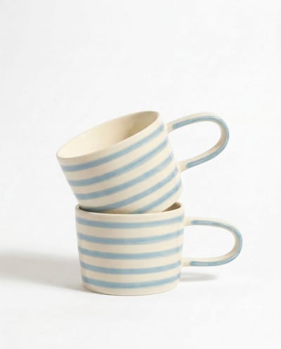 vtwonen - Mokken - Blauw - Strepen - Set van 2 - Keramiek - 350ml