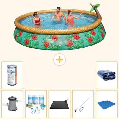 Bestway Rond Opblaasbaar Fast Set Zwembad - Paradijsprint - 457 x 84 cm - Inclusief Pomp - Onderhoudspakket - Solar Mat - Schoonmaakset - Grondzeil - Filter - Solarzeil - 8-delig