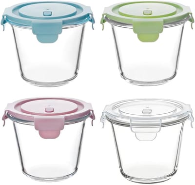Famanu - 4 stuks Glazen voedselcontainer, 710ml meal prep ronde glazen voedselbewaardozen, voorraadbakken met deksel, glazen container met deksel