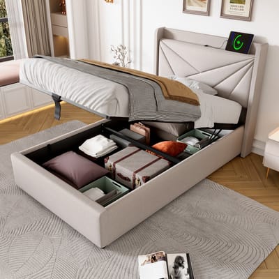 MODFU Bedframe 90x200 cm – Met USB, Type-C en hydraulische opbergruimte – Gestoffeerd beige katoen-linnen