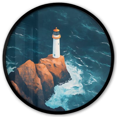 Poster in lijst Rond - Fotolijst 40x40 cm - Posters - Vuurtoren - Rots - Zee - Golven - Ronde posterlijst zwart - Decoratie - Wanddecoratie woonkamer - Muurdecoratie slaapkamer