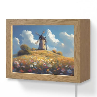 Wandlamp 20x15 cm - Oplaadbaar - Windmolen - Heuvel - Bloemen - Kleurrijk - Wandlampen binnen woonkamer - Slaapkamer lamp met kabel - Decoratieve nachtlamp - Vloerlamp snoer