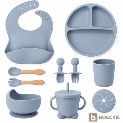 BOECKIE Siliconen Kinderservies 9-delig - Babyservies met Zuignap Blauw - Blue