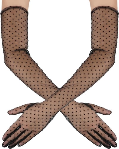 Polka Dot Lange Kanten Tulle Handschoenen - Zwarte Doorzichtige Vintage Ellebooglange Handschoenen voor Bruiloft, Theeparty en Dansfeest