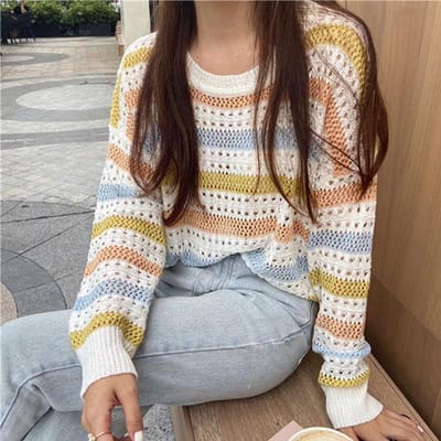 Lente en Herfst Gestreept Kleurblok Trui Dames Losse Pullover Hol Gebreide Trui Ronde Hals Lange Mouw Top Trui S white