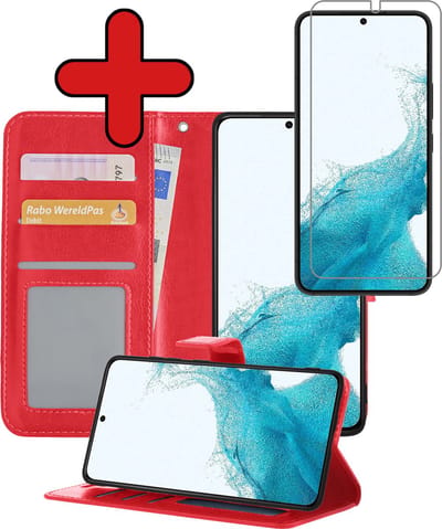 Hoesje - Met Screenprotector - Geschikt voor Samsung Galaxy S22 - Luxe Pasjeshouder - Flipcase - Bookcase Portemonee - Flip Case - Kunstleer Book Case - Book Cover - Walletcase - Portemonneehoes - Telefoonhoes - Rood