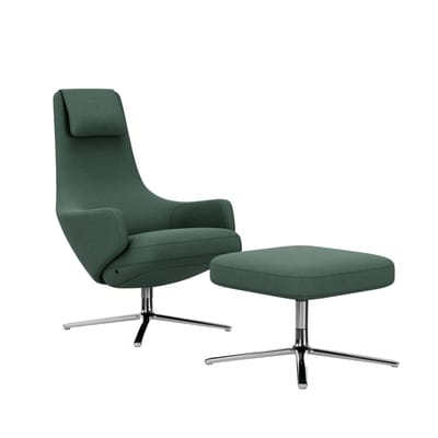 Vitra - Repos Fauteuil & Ottoman - gepolijst aluminium - Cosy2 rietgroen - Zithoogte 45 cm