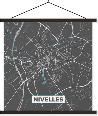 Posterhanger incl. Poster 60x60 cm - Schoolplaat - Stadskaart – Grijs - Kaart – Nivelles – België – Plattegrond - Textielposter - Zwarte latten - Stadskaart