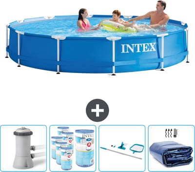 Intex Rond Frame Zwembad - 366 x 76 cm - Blauw - Inclusief Pomp Filters - Schoonmaakset - Solarzeil