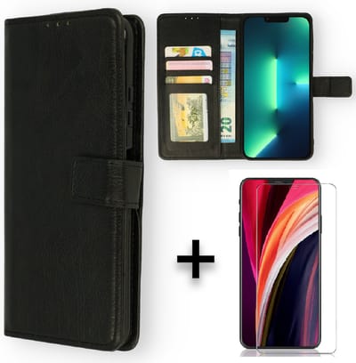Casemania Hoesje Geschikt voor Apple iPhone 13 Zwart & Glazen Screenprotector - Portemonnee Book Case - Kaarthouder & Magneetlipje