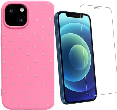 Hoesje en Glas Geschikt voor iPhone 11 - Neon Roze - Casemania Stevige Siliconen Back Cover met Hartjes Print - 1x Glazen Screenprotector