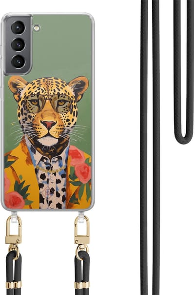 Casimoda® hoesje met zwart koord - Geschikt voor Samsung S21 Plus - Luipaard Hipster - Afneembaar koord - TPU/polycarbonaat - Groen