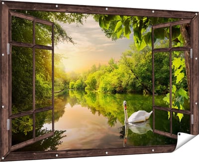 Gards Tuinposter Doorkijk Zwaan op het Water in het Bos - 180x120 cm - Tuindoek - Tuindecoratie - Wanddecoratie buiten - Tuinschilderij