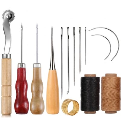 Zilver en houtkleurig leergereedschap set unisex 14 delige hand naaigereedschap met naalden gewaxte draad en houten handvatten leer bewerking reparatie set