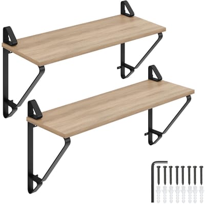 tectake® Wandplanken - Hangplank van hout - Boekenplank - Zwevende planken voor woonkamer, slaapkamer, kantoor - Industrieel design - Zwart metalen frame - Afmeting (LxBxH) 60 x 20 x 33,5 cm - Set van 2 planken - Lichtbruin