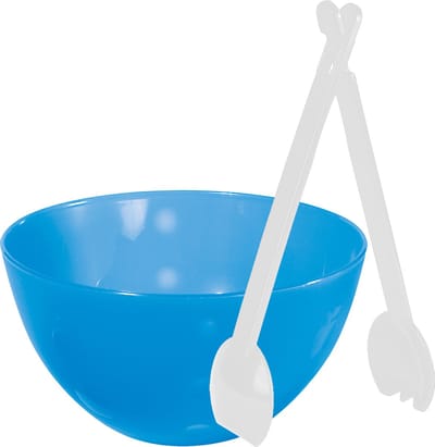 Serveerschaal/slakom - blauw - kunststof - 26 cm - met sla bestek/couvert