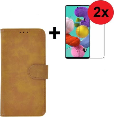 Geschikt voor Samsung Galaxy A71 / A71s Hoes Wallet Book Case Cover Pearlycase Bruin + 2X Screenprotector Tempered Gehard Glas 2 stuks