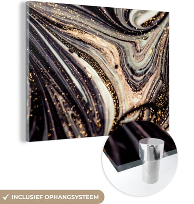 Glasschilderij marmer - Glitter - Goud - Luxe - Marmerlook - Glas schilderij - Glasplaat - Wanddecoratie glas - Woonkamer - 160x120 cm - Slaapkamer decoratie - Foto op glas - Schilderij op glas
