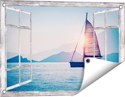 Gards Tuinposter Doorkijk Zeilboot bij Zonsondergang - 60x40 cm - Tuindoek - Tuindecoratie - Wanddecoratie buiten - Tuinschilderij