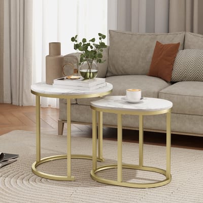 REDOM Stapelbare bijzettafels 2-delig – ronde en ovale tafels wit MDF met stalen frame, verstelbare voeten, compact