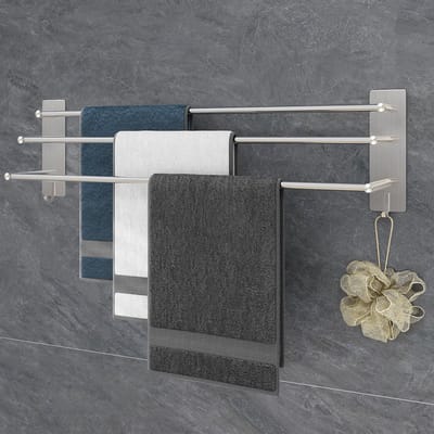 SUS304 Handdoekenhouder, 3 stangen, zonder boren, 75 cm, roestvrij staal, zelfklevende handdoekhouder, zilver, badkamer, handdoekhouder met twee haken, voor keuken, badkamer, slaapkamer, zilver